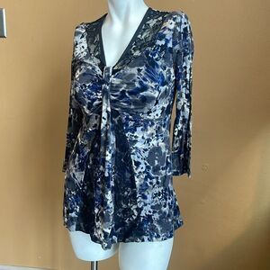 NWT Alfani Women's Blue Gray Polyester V-Neck Long Sleeve Top Blouse Large